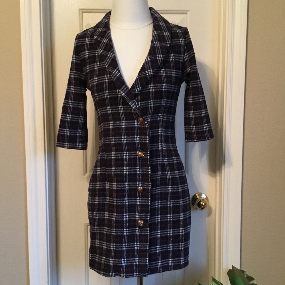 CBR NAVY PLAID FLANNEL JACKET PEA COAT TRENCH DRESS SIZE SMALL